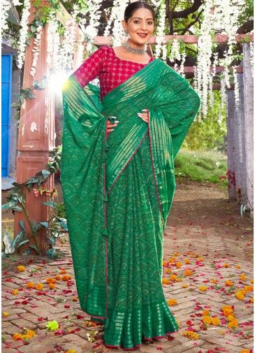 Green Printed Saree In Chiffon