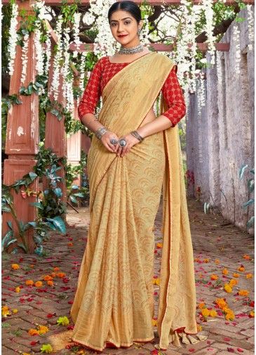 Golden Printed Saree In Chiffon