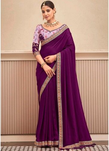 Purple Embroidered Saree In Art Silk