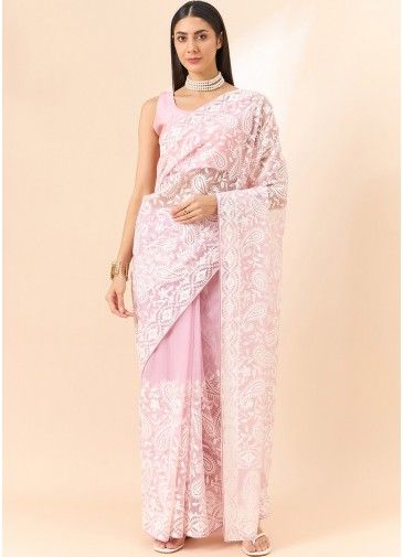 Cord Embroidered Organza Saree In Pastel Pink