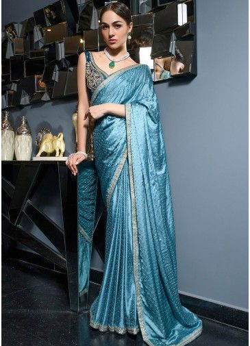 Blue Embroidered Saree In Viscose