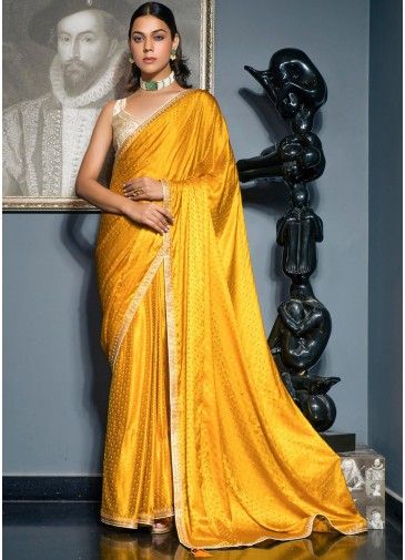 Yellow Embroidered Saree In Viscose