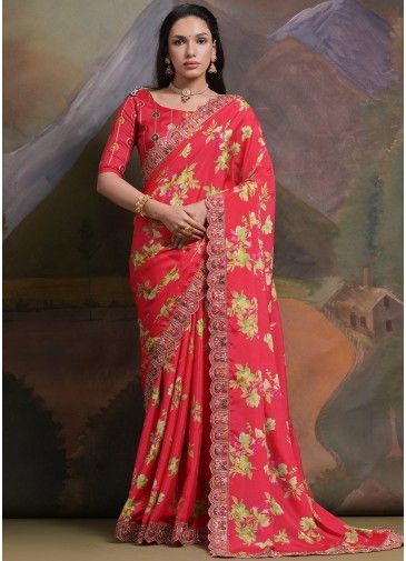 Red Chiffon Saree In Floral Print