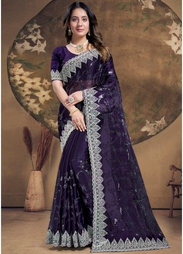 Purple Embroidered Saree In Organza