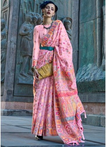 Pink Woven Work Saree With Blouse