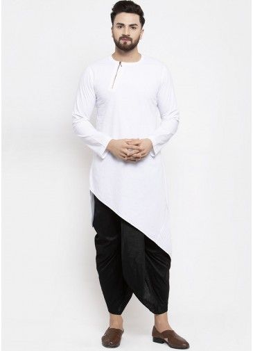 White Cotton Readymade Asymmetric Kurta Dhoti Set