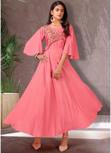 Pink Bell Sleeved Readymade Embroidered Dress