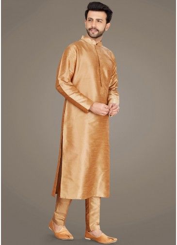 Brown Mens Readymade Kurta Pajama In Silk