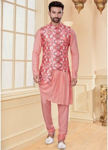 Pink Pleated Readymade Kurta Pyjama In Silk