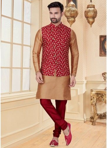 Brown Silk Kurta Pyjama With Readymade Nehru Jacket