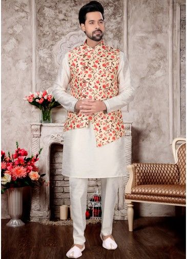 Readymade White Kurta Pajama & Asymmetric Nehru Jacket