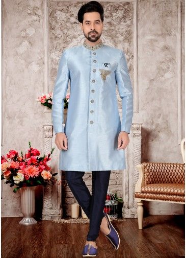 Blue Embroidered Readymade Sherwani For Groom