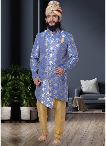 Blue Readymade Woven Sherwani With Trouser