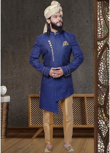 Readymade Blue Asymmetric Woven Sherwani Set