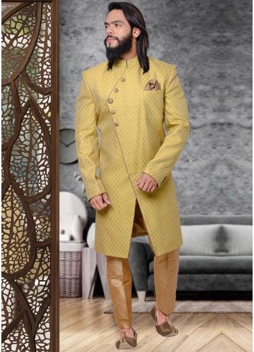 Yellow Readymade Woven Sherwani Set