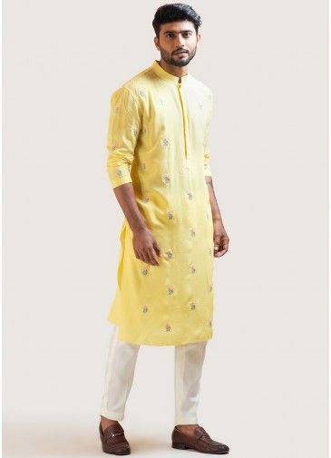 Yellow Embroidered Cotton Readymade Kurta Pajama