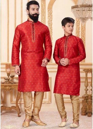 Father & Son Red Silk Readymade Kurta Pajama