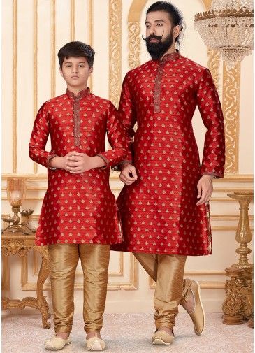 Father & Son Readymade Woven Red Kurta Pyjama