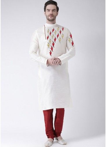 Readymade White Kurta Churidar Set In Dupion Silk
