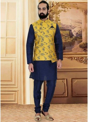 Blue Readymade Silk Kurta Pajama With Nehru Jacket