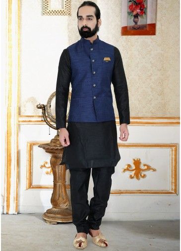 Black Silk Readymade Kurta Pyjama With Nehru Jacket