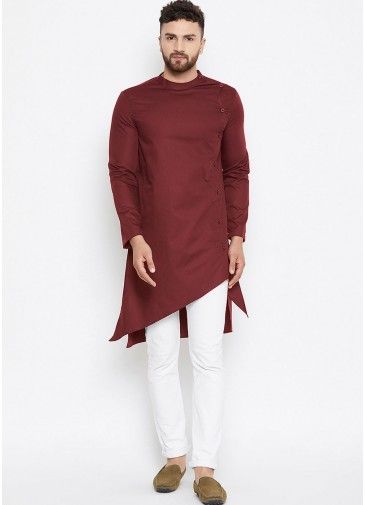 Maroon Asymmetric Cotton Kurta & Pajama