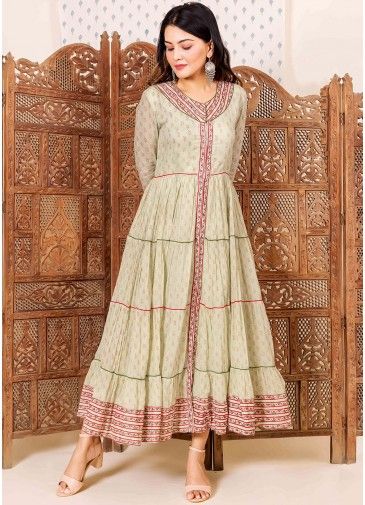 Green Hand Block Printed Tiered Indo Western Dress