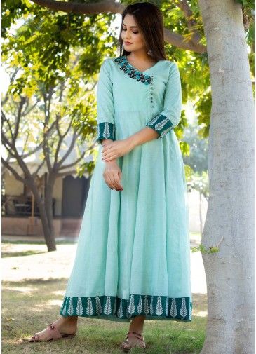 Turquoise Readymade Chanderi Indo Western Dress