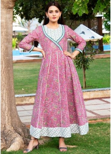 Pink Floral Hand Block Printed Flared Dress