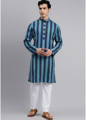 Multi Colored Striped Cotton Kurta Pajama Set