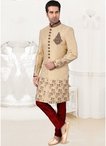 Cream Wedding Wear Readymade Sherwani In Brocade