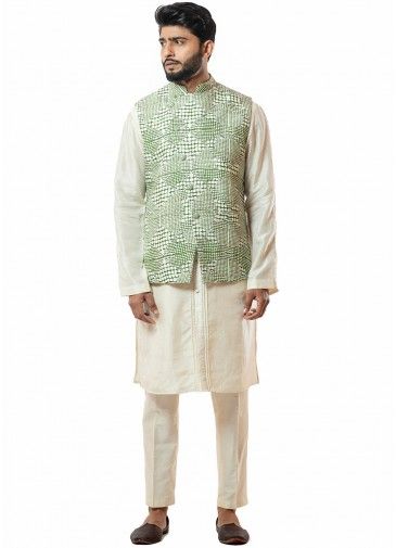 White Readymade Kurta Pajama With Nehru Jacket 