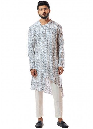 White Printed Readymade Asymmetric Kurta Pajama