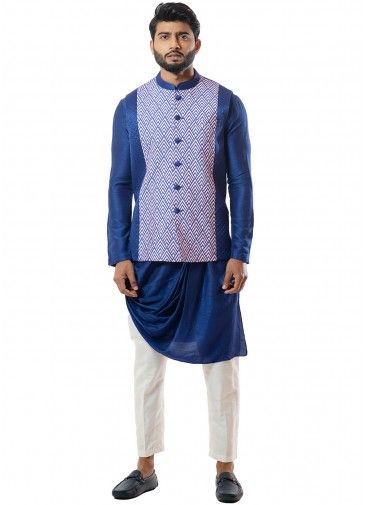 Asymmetric Blue Readymade Kurta With Nehru Jacket