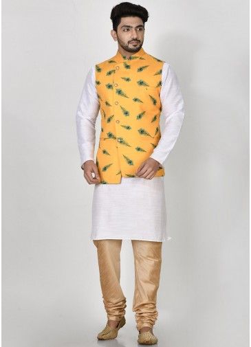 Yellow Digital Printed Nehru Jacket In Art Silk