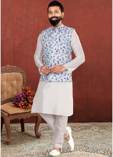 White Readymade Silk Kurta Pajama With Printed Jacket