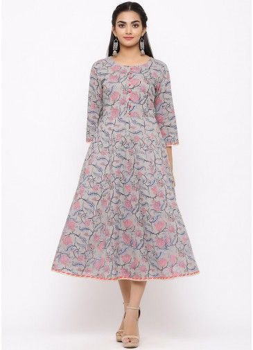 Grey Floral Printed Readymade Kurti In Cotton