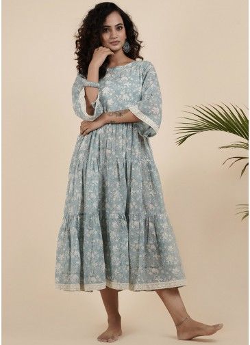 Blue Floral Printed Tiered Readymade Dress