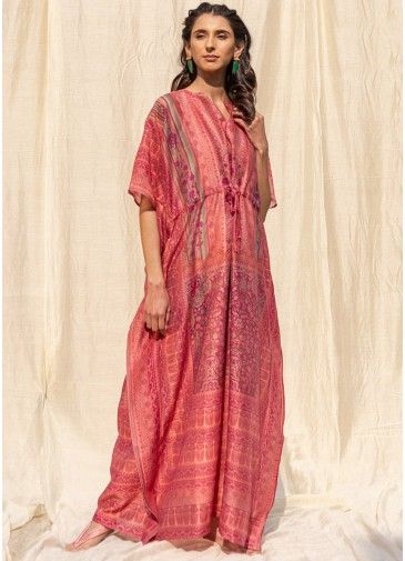 Readymade Pink Printed Kaftan In Silk