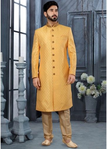 Yellow Readymade Woven Sherwani For Men