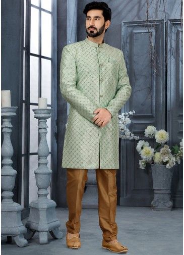 Green Embroidered Readymade Mens Sherwani