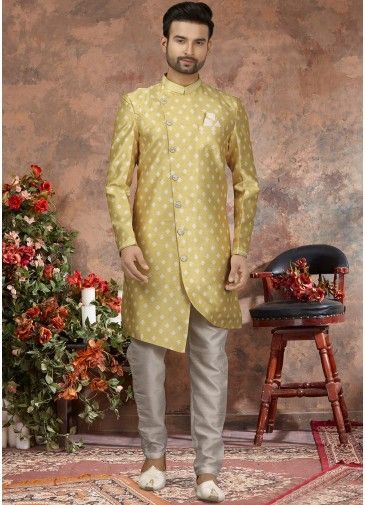 Yellow Printed Readymade Sherwani For Men