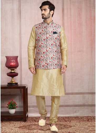 Readymade Golden Kurta Pajama With Printed Nehru Jacket