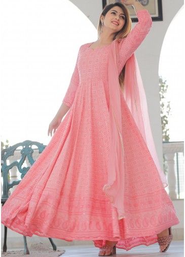 Pink Chikankari Embroidered Anarkali Style Long Kurta