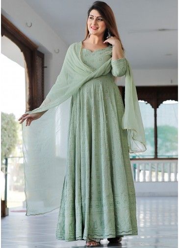 Green Readymade Embroidered Anarkali Style Kurta