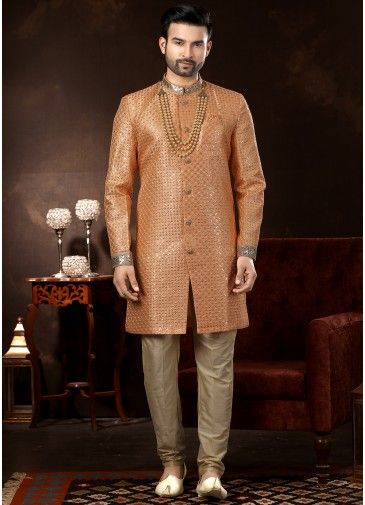 Readymade Orange Embroidered Silk Sherwani For Men