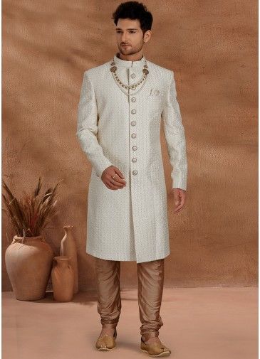 Readymade White Embroidered Indo Western Sherwani