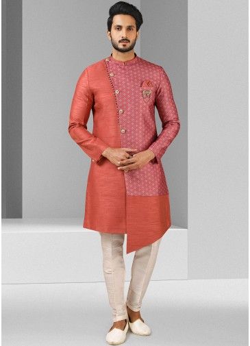 Readymade Red Silk Asymmetric Printed Mens Sherwani