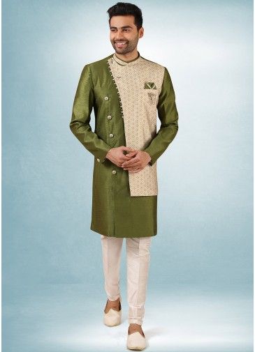 Readymade Green Silk Printed Mens Sherwani
