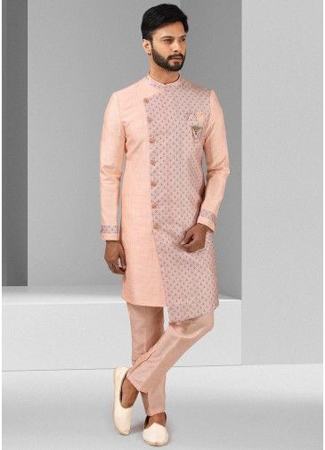 Readymade Pink Asymmetric Indo Western Sherwani